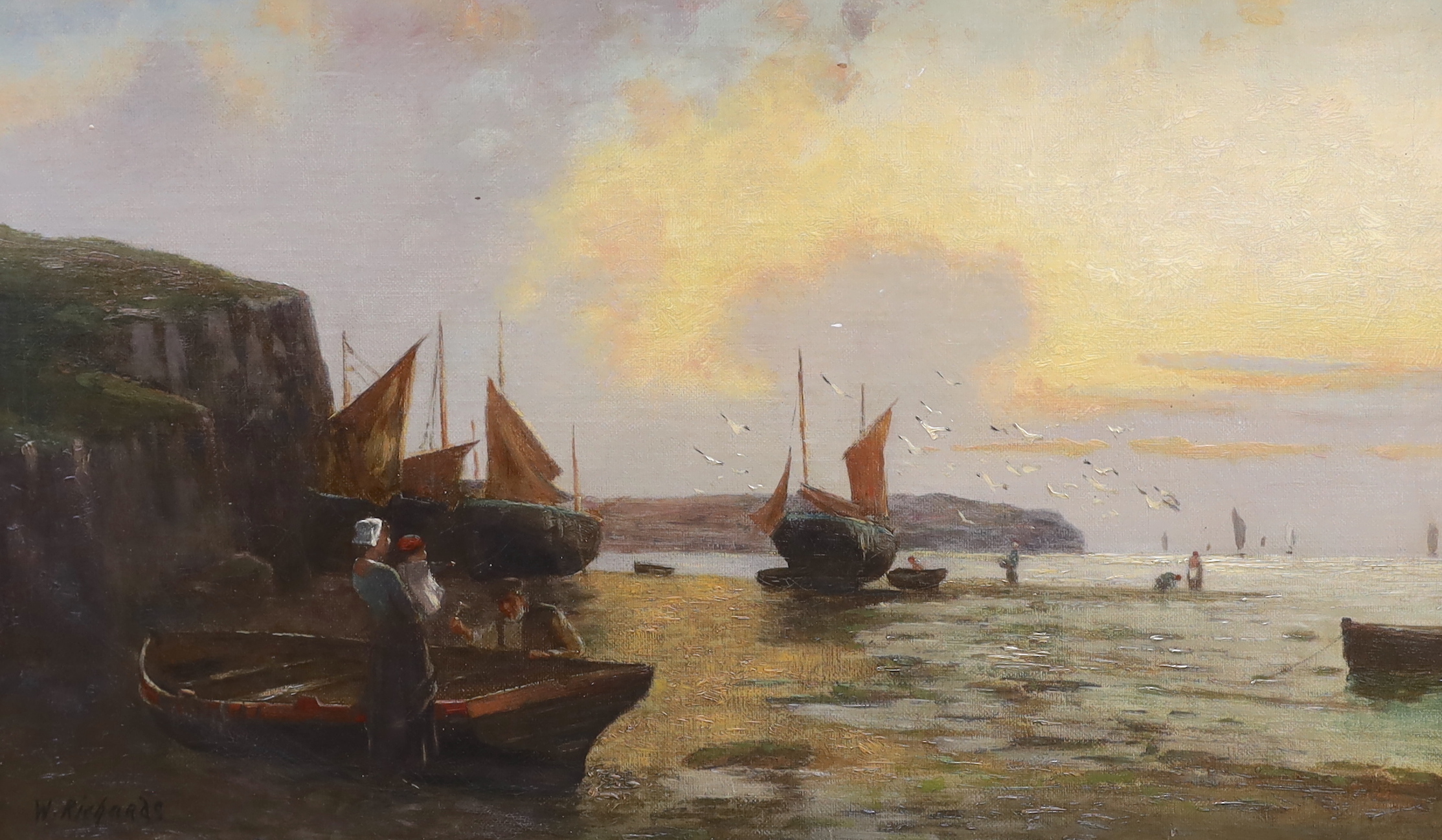 W. Richards (Francis Jamieson, 1893-1950), oil on canvas, Coastal scene with moored boats and figures, signed, 29 x 50cm